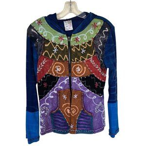 Womens Colorful Patchwork Hoodie Zip Up Embroidery Hood Pockets Medium Hippie